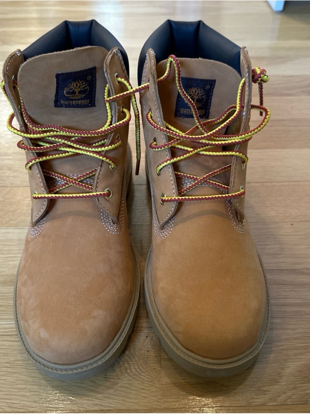 Timberland Wheat Nubuck Boots with Yellow and Red Laces